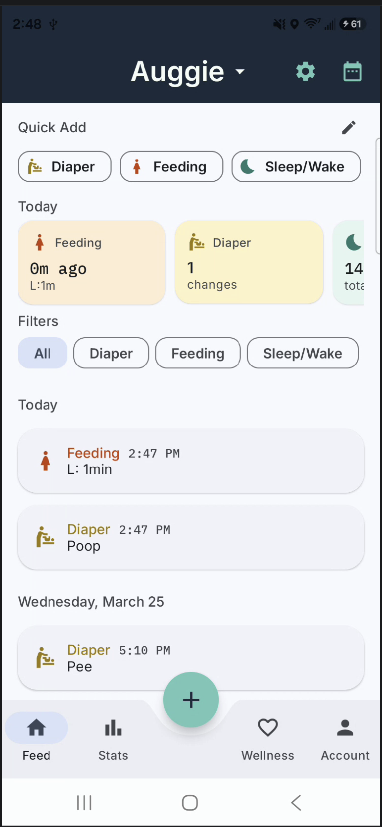 Screenshot of the Pip free baby tracker app showing the daily feed, diaper, and sleep log